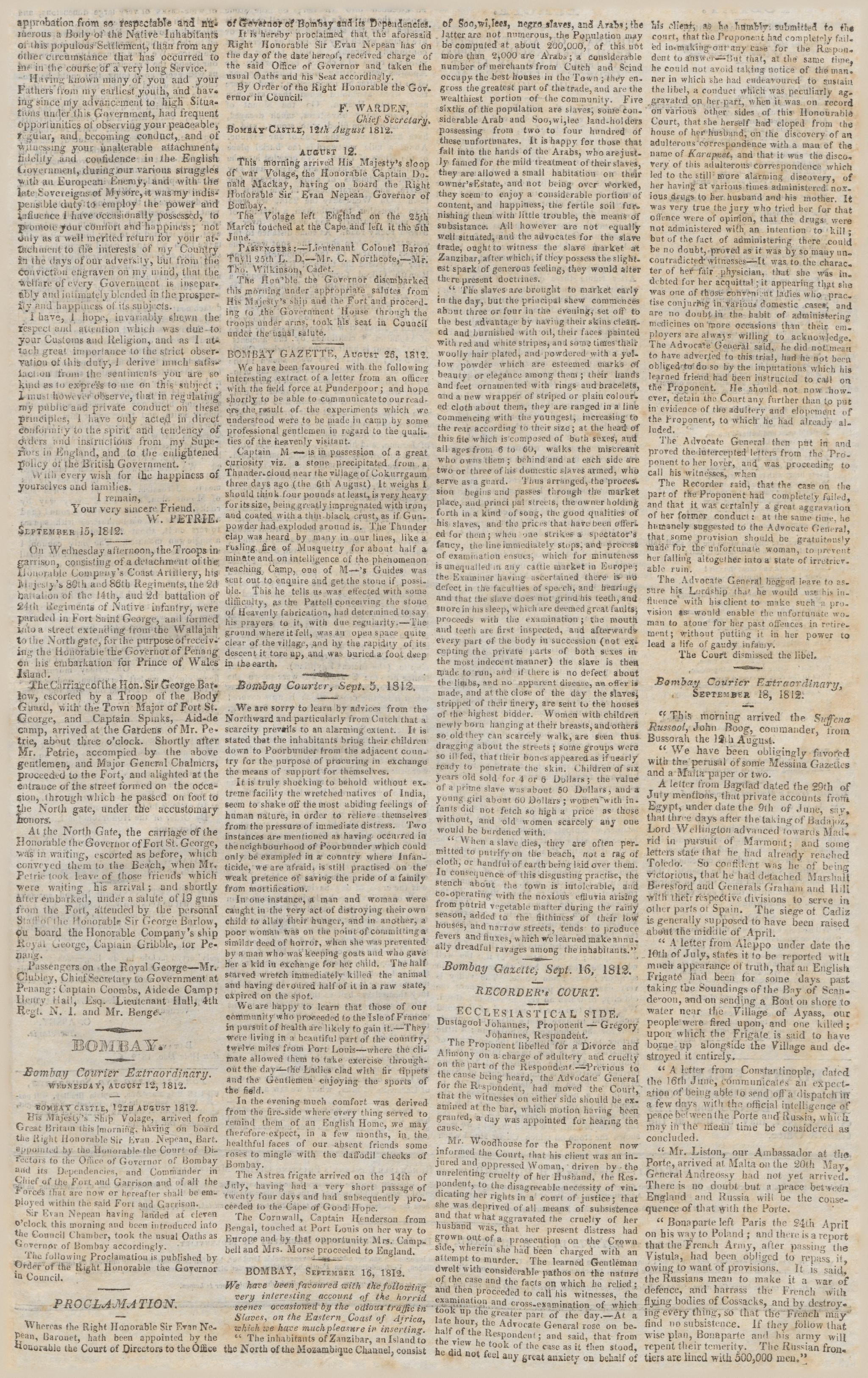 Newspaper excerpt headed Bombay Gazette, August 26, 1812, describing Captain M’s stone fallen from a thundercloud, its iron content, and its thin black crust.