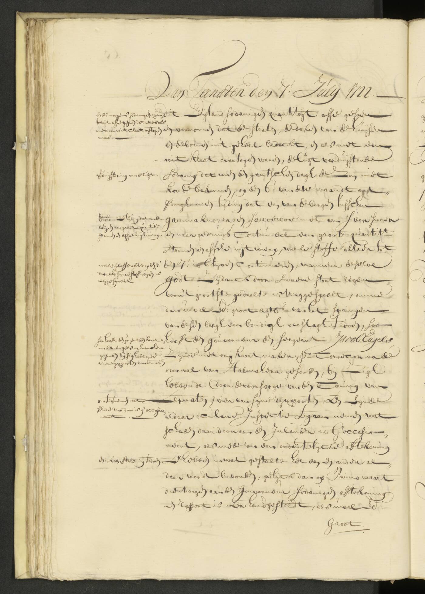 A handwritten Dutch letter dated 7 July 1722 from Ternate, preserved in a bound archive volume.