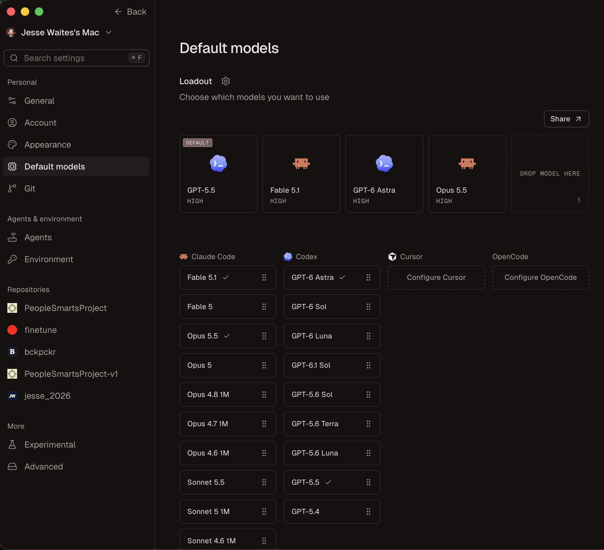 Conductor settings, Default models