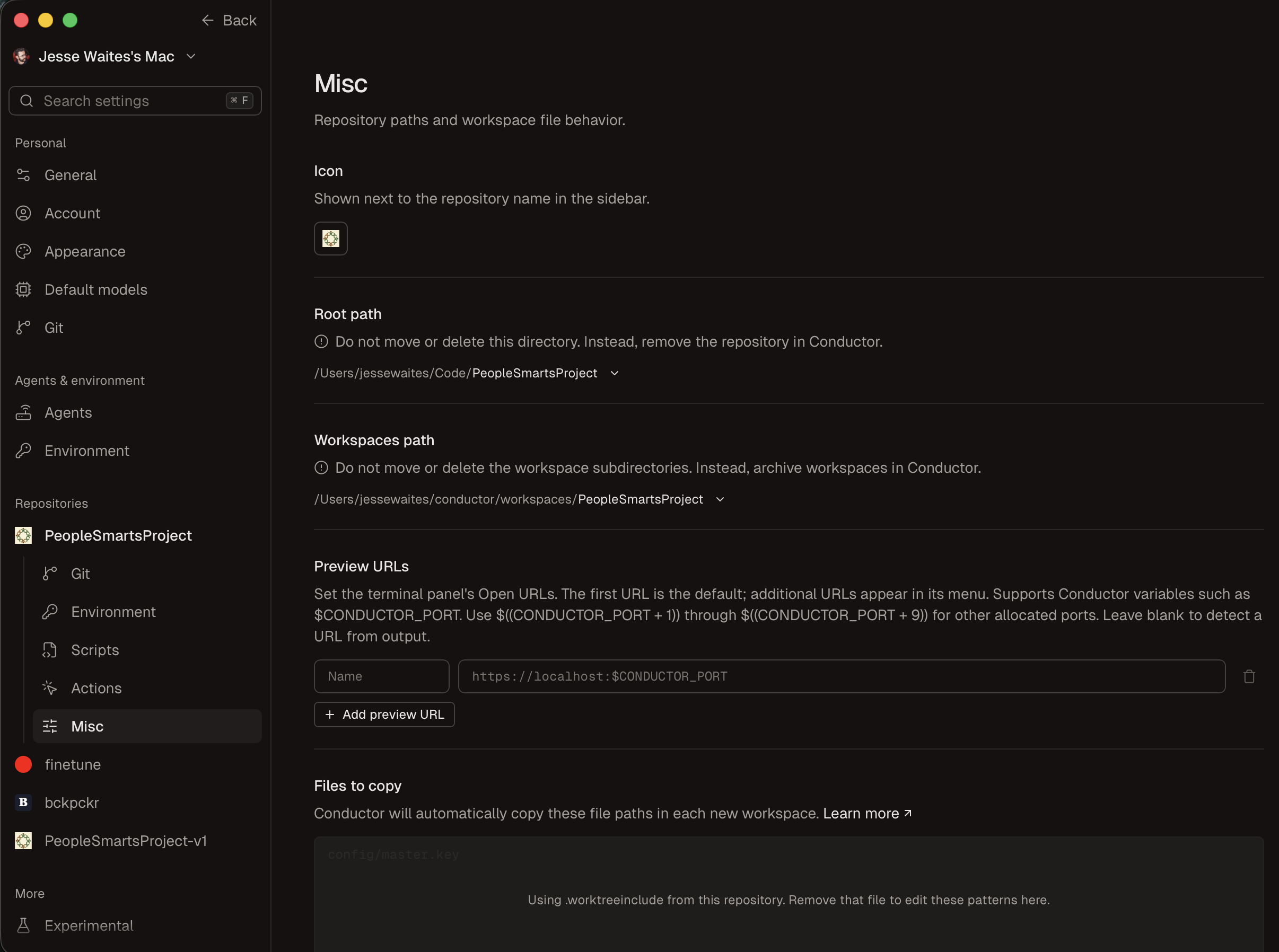 Conductor repository settings, Misc page