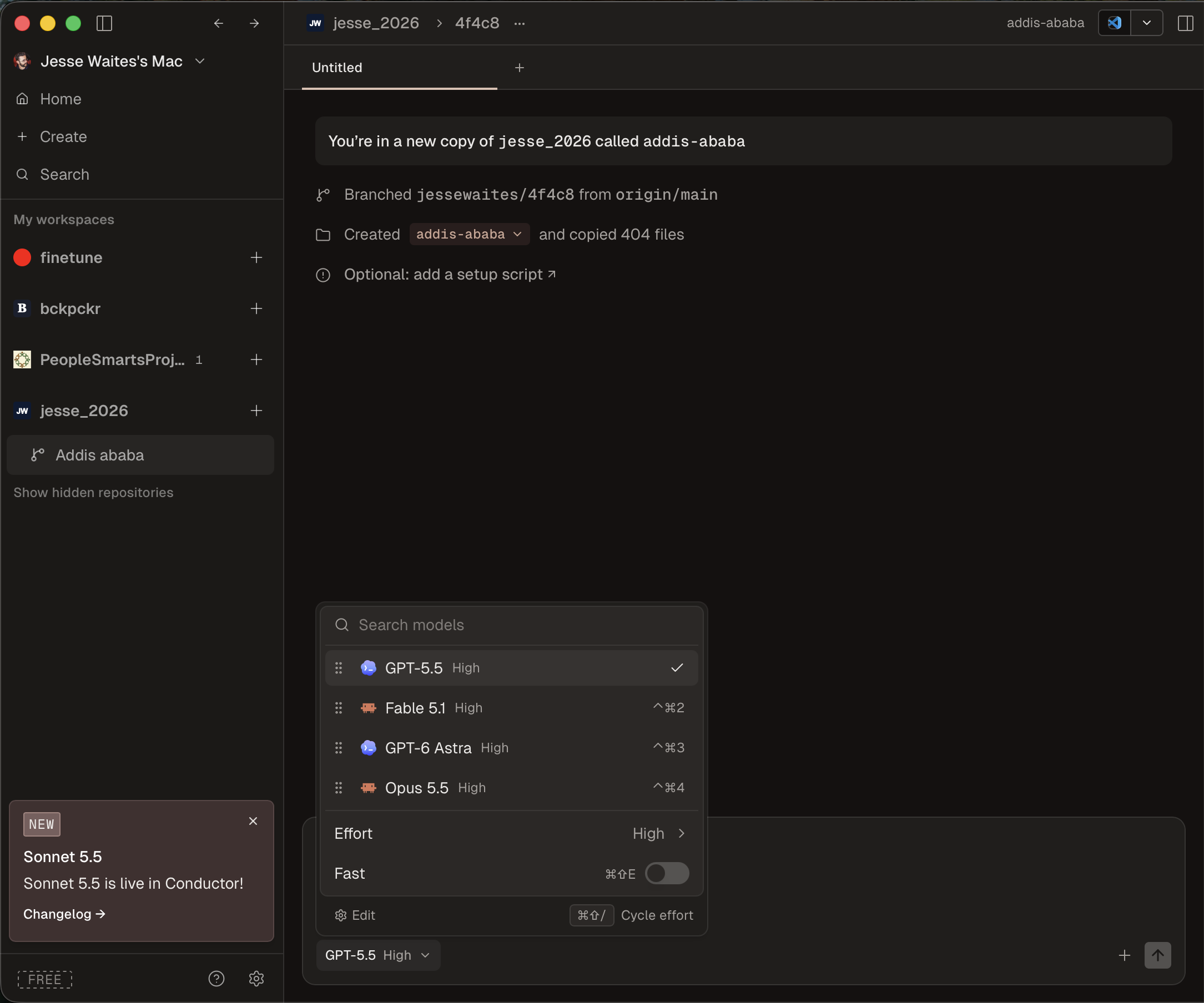 A fresh Conductor workspace with the model picker open