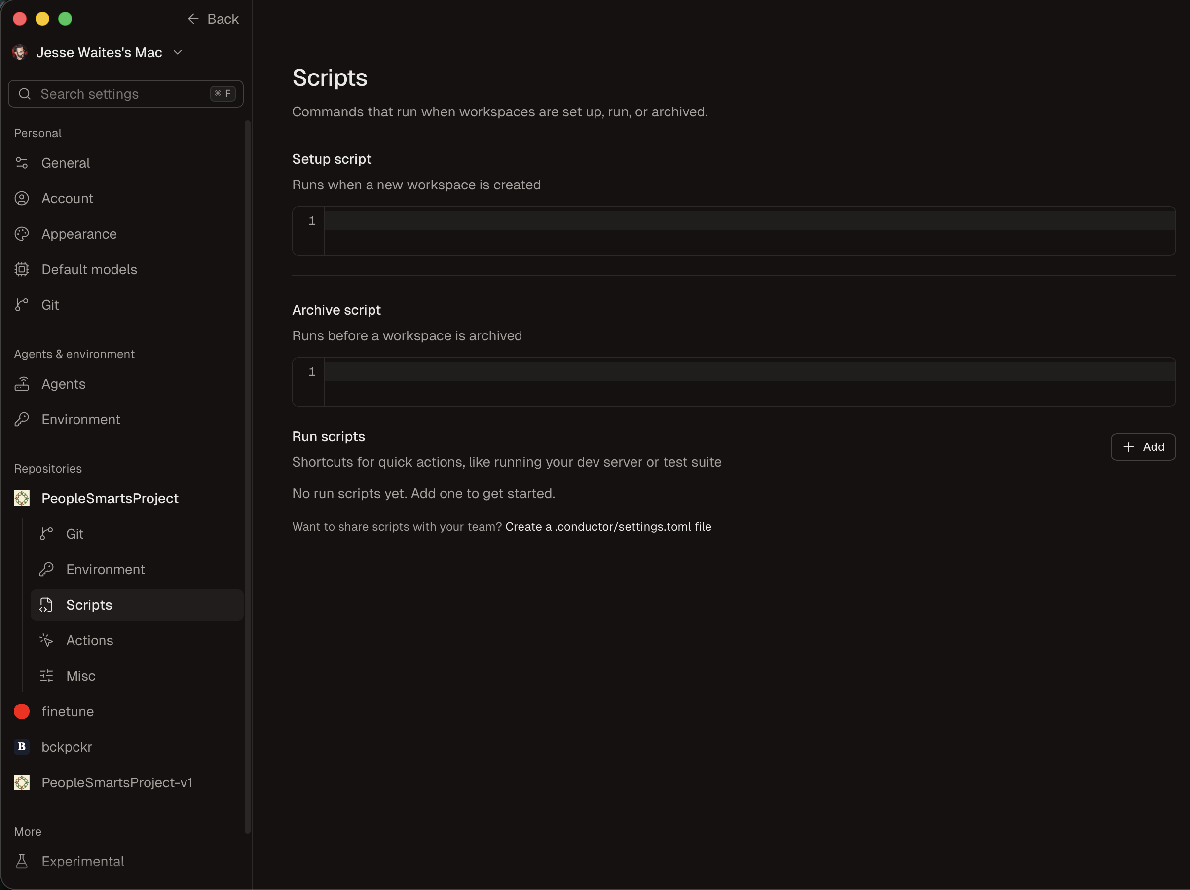 Conductor repository settings, Scripts page