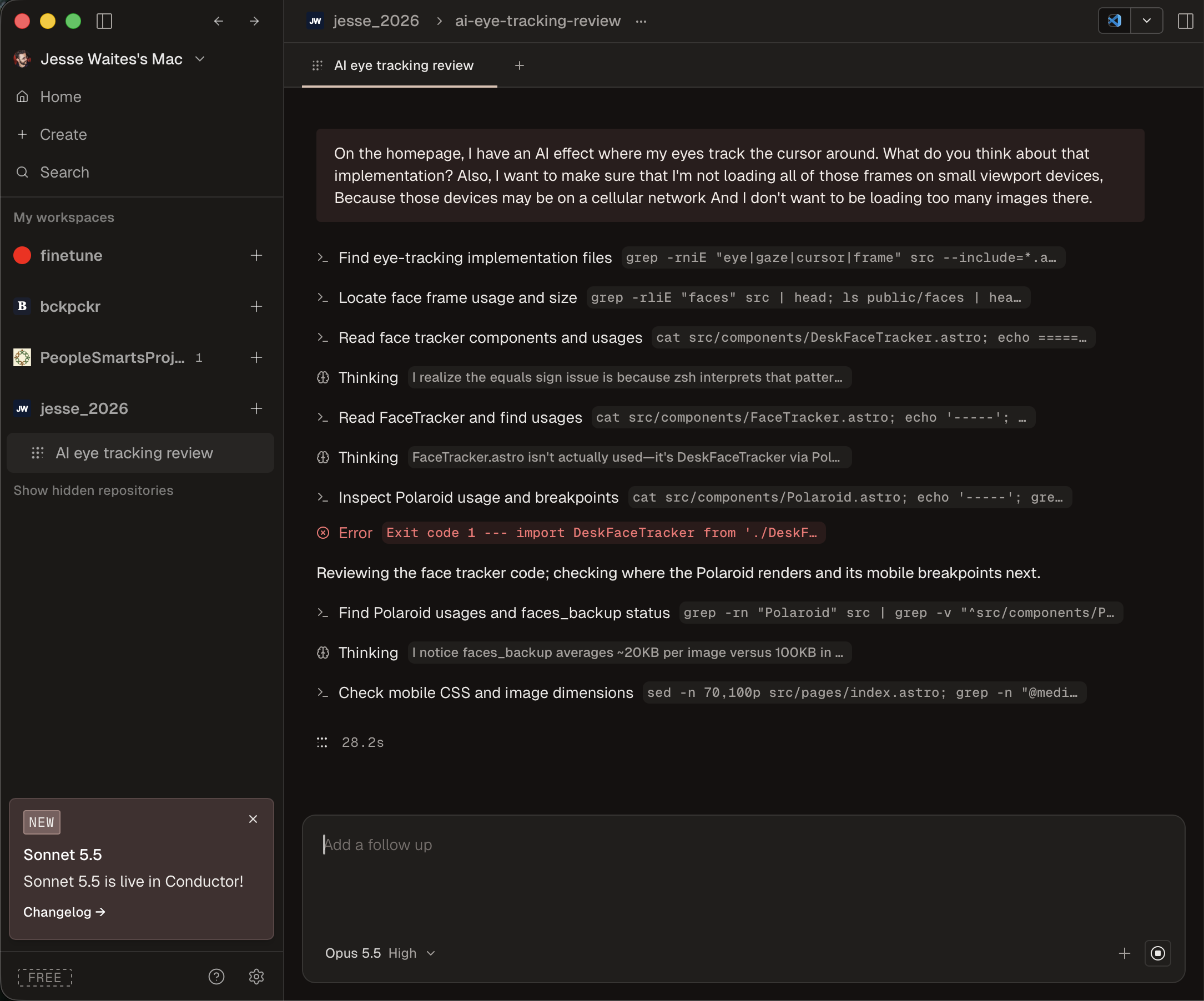 A Conductor workspace with an agent working on a task